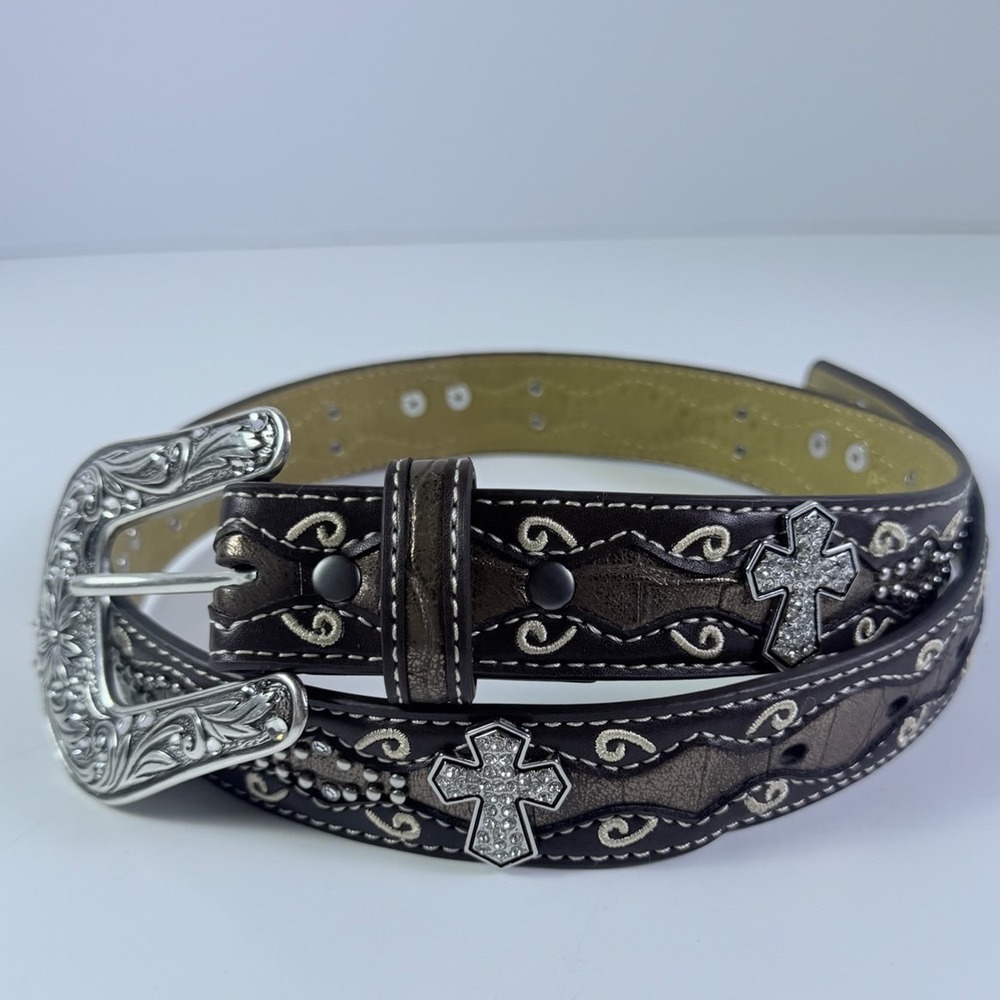 Ariat Western Brown Leather Rhinestone Cross Belt Floral Engraved Buckle Size 28